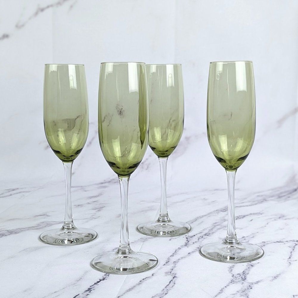 Vintage 70s Avocado Green Large Champagne Flute Glasses 9" Set of 4